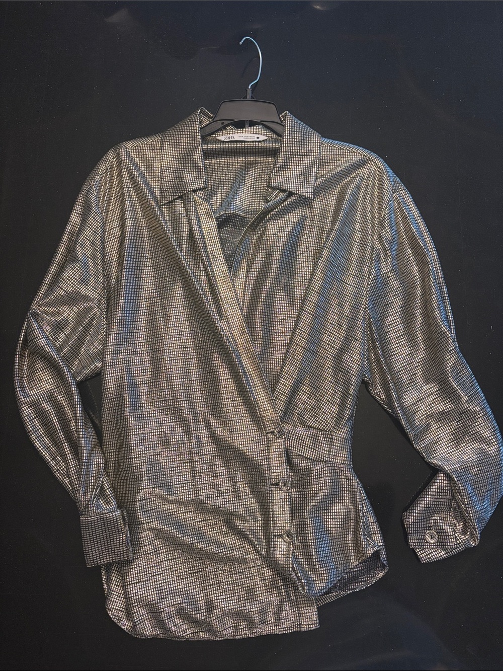 Zara Metallic Silver Wrap-Style Blouse